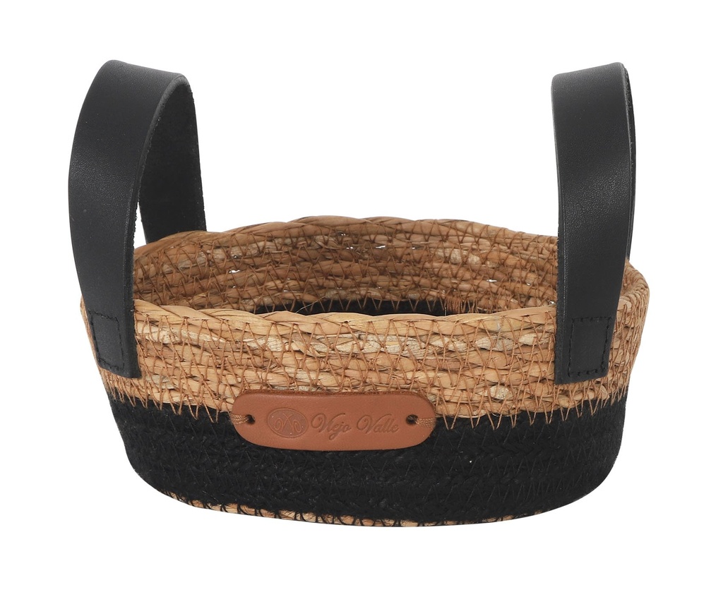 [B101V003B] BASKET SEAGRASS BLACK LEATHER HANDLE 15X
