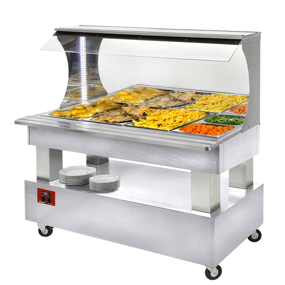 Buffet caliente tipo mural, baño maría, 4x GN1/1-150 (Madera blanca)