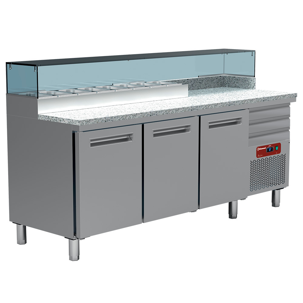 Mesa frigorífico pizzería, 3 puertas 600x400, 3 cajones neutros 600x400, estructura refrigerada 8x GN 1/4