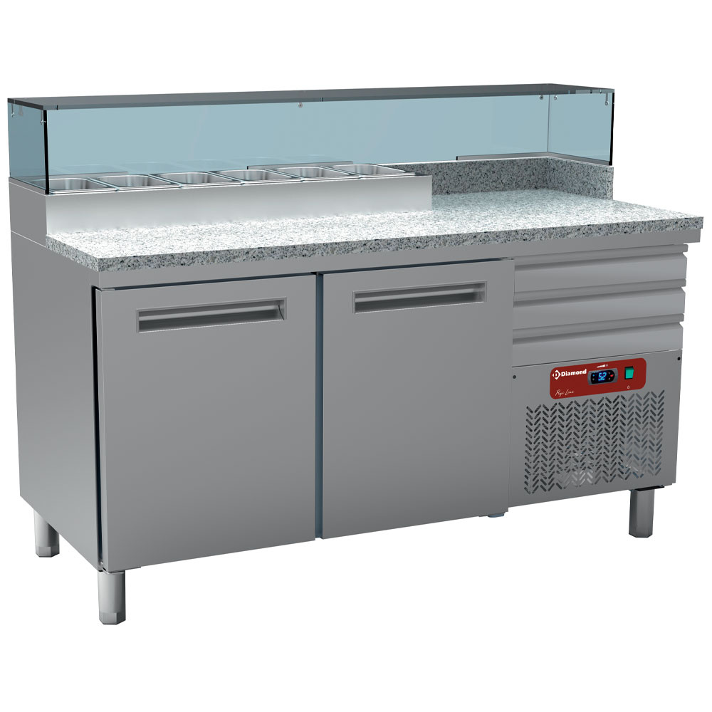 Mesa frigorífico pizzería, 2 puertas 600x400, 3 cajones neutros 600x400, estructura refrigerada 6x GN 1/4
