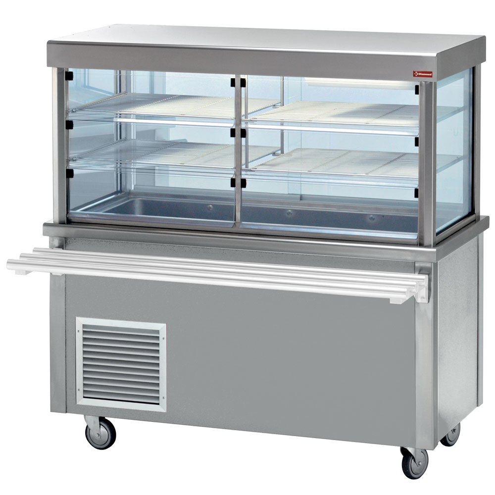 Elemento vitrina y cuba refrigerada sobre armario abierto
