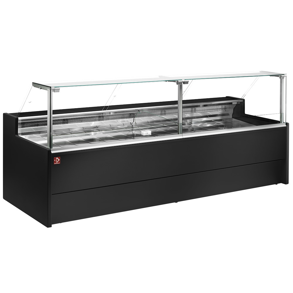 Mostrador vitrina refrigerado ventilado con cristal 90° con reserva - NEGRO
