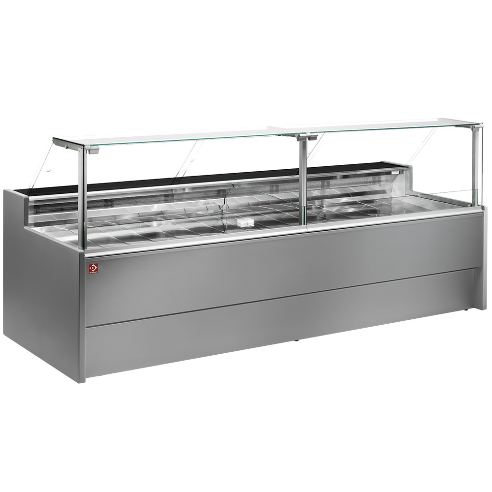 Mostrador vitrina refrigerado ventilado con cristal 90° con reserva - GRIS