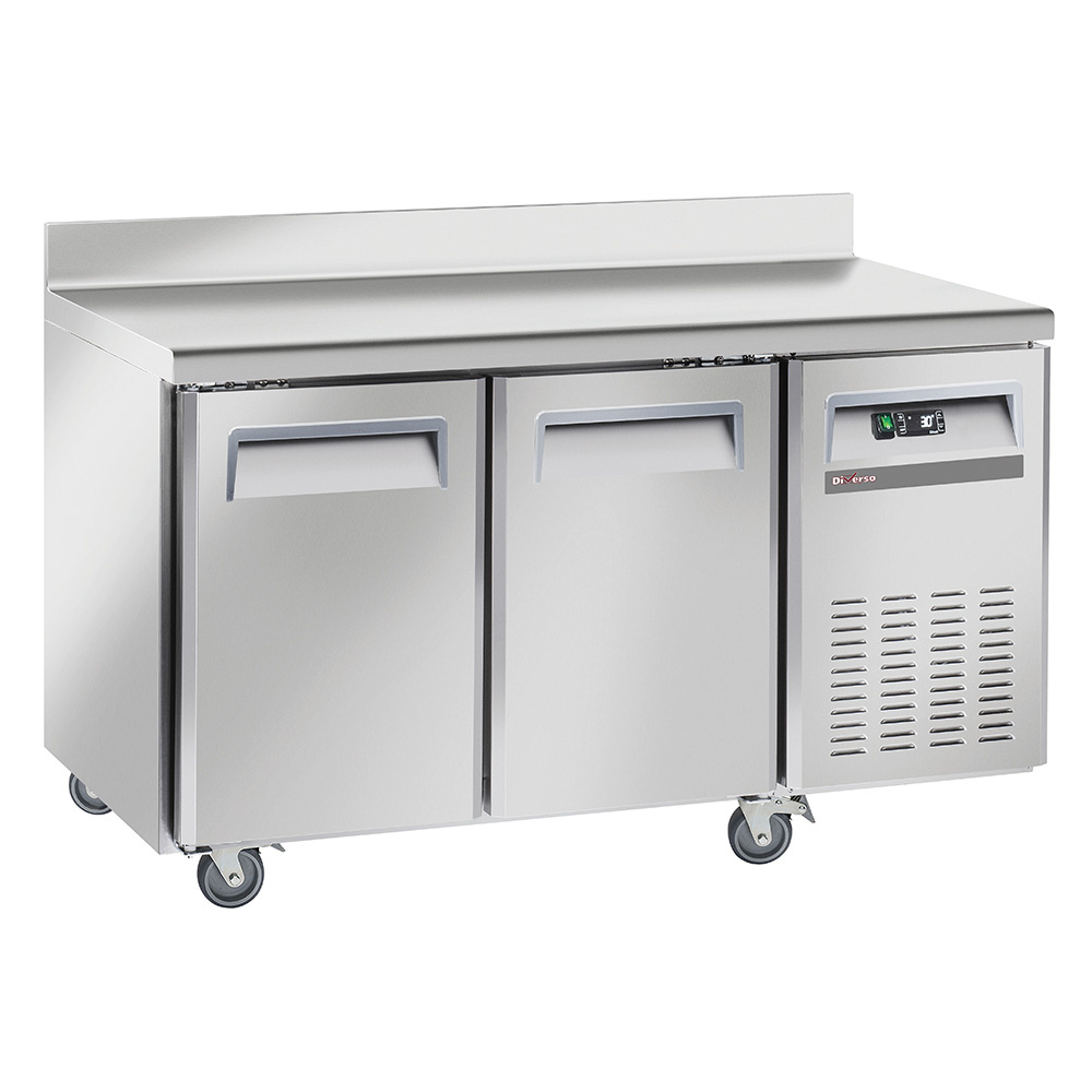 Mesa frigorífica y ventilada, 2 puertas GN1/1, con respaldo, sobre ruedas, 2 con frenos