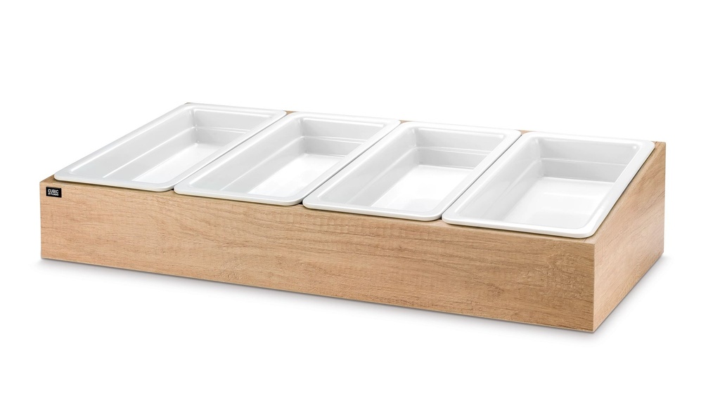 [P908142] Cubertería cúbica 71 x 33.5 cm con acabado de roble para cuatro sartenes gastronorm tamaño 1/3