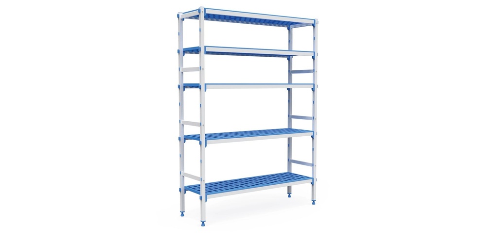 [P7245] Kit de estanterías modulares de cinco niveles con estructura de aluminio anodizado con estanterías de polipropileno de 1840 x 555 mm
