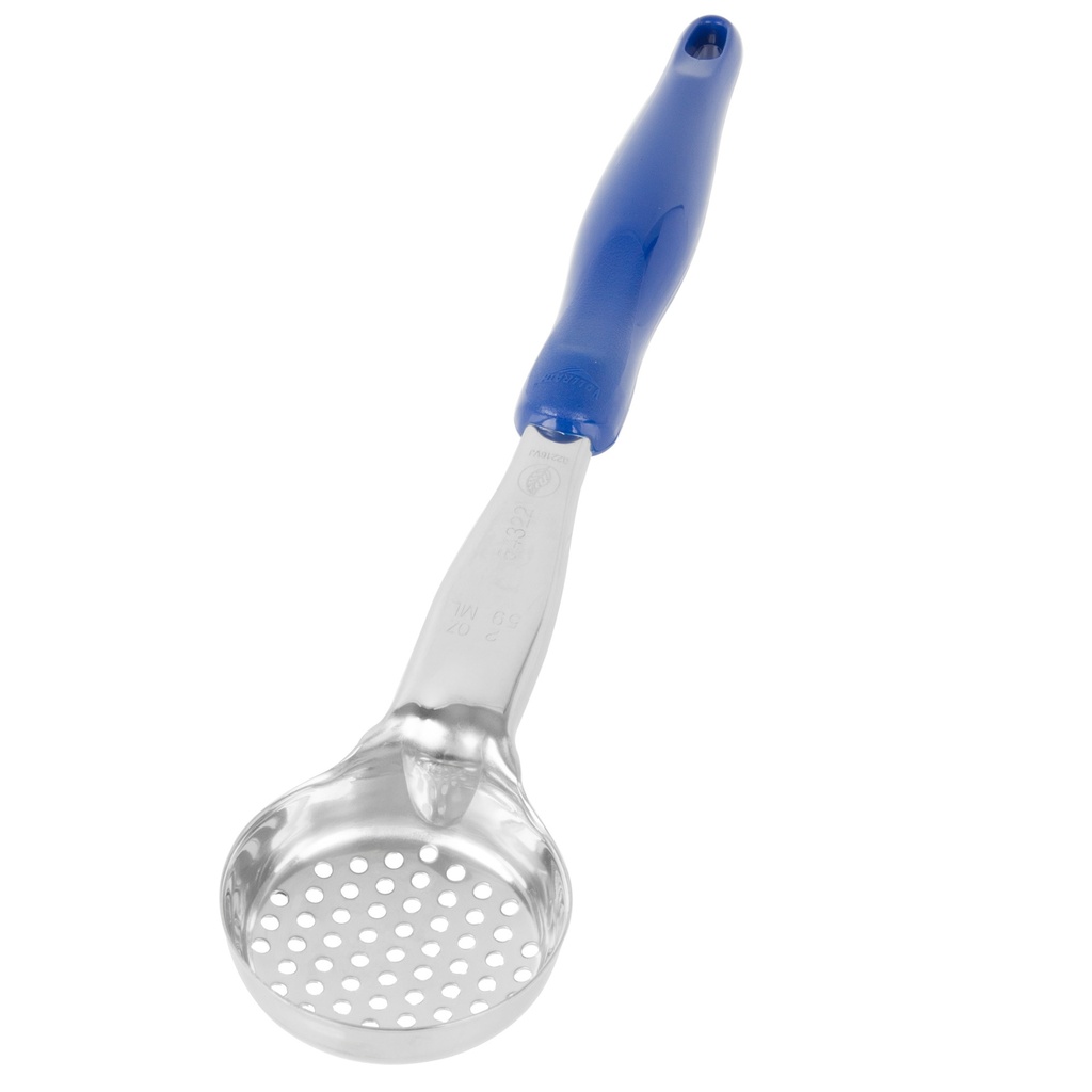 Spoodle® monobloc perforado redondo de acero inoxidable de 59 ml con mango de nylon azul