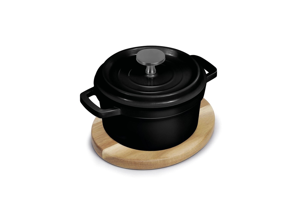 [P151100] Mini cazuela negra con tapa con base de madera