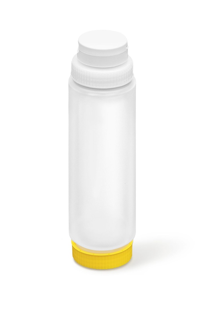 Dispensador transparente con tapón FIFO de 710 ml con tapón y base amarilla