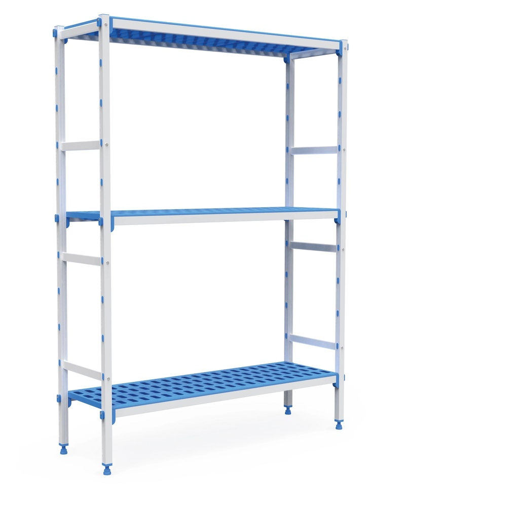 [P7035] Kit de estanterías modulares de tres niveles con estructura de aluminio anodizado con estanterías de polipropileno de 4600 x 385 mm