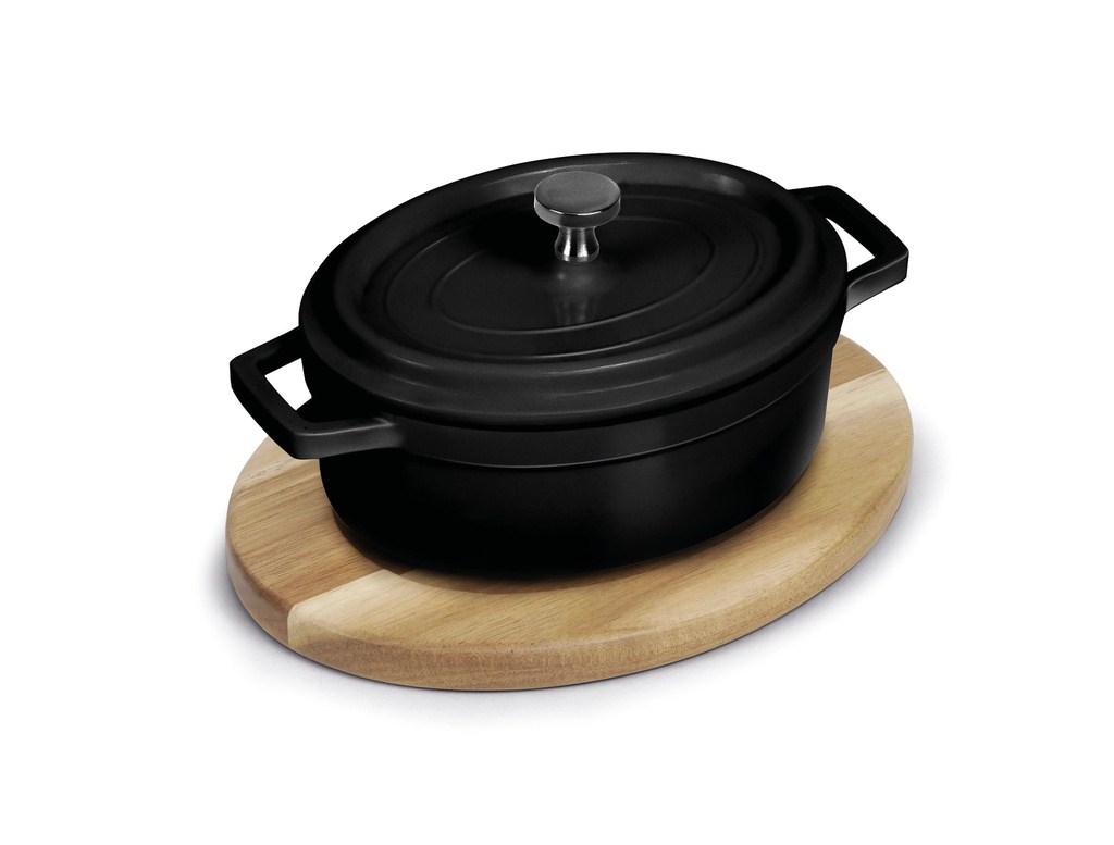 [P151200] Mini cazuela ovalada negra con tapa con base de madera
