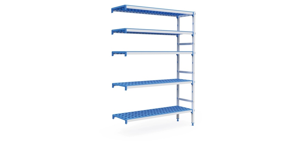 [P7407] Kit de estanterías modulares de cinco niveles con estructura de aluminio anodizado con estanterías de polipropileno de 4140 x 385 mm
