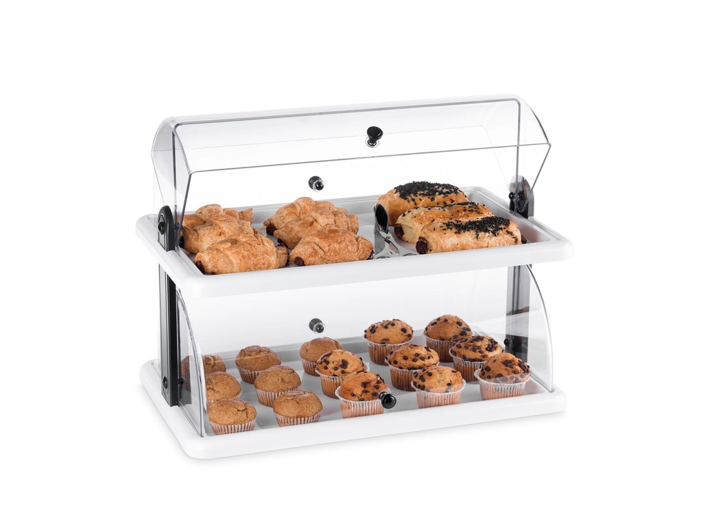 Vitrina rectangular de dos niveles 40 x 24 ½ de plástico con bases blancas y tapas de rollo