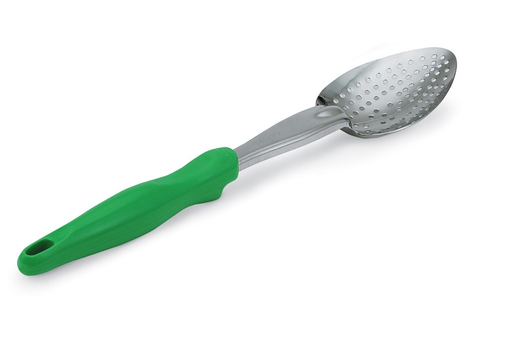 Cuchara perforada de acero inoxidable de 35 cm con mango verde Ergo Grip™