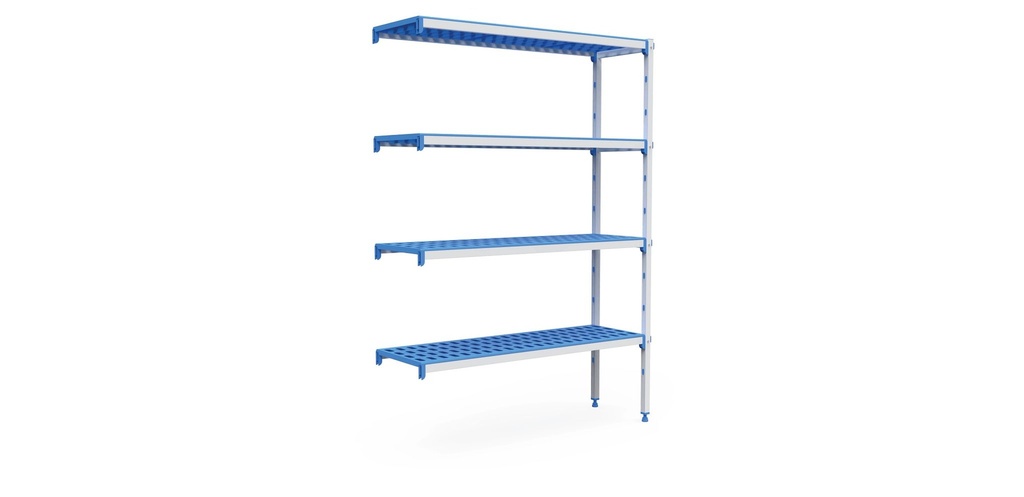 Kit de estanterías modulares de cuatro niveles con estructura de aluminio anodizado con estanterías de polipropileno de 1345 x 385 mm
