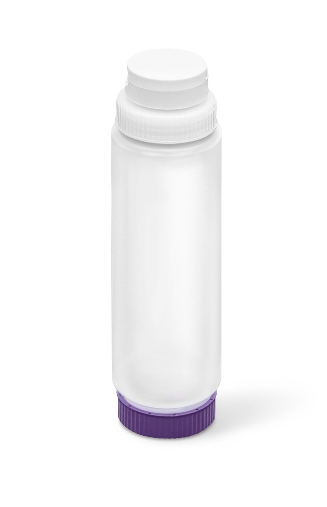 Dispensador transparente con tapón FIFO de 710 ml con tapón y base púrpura