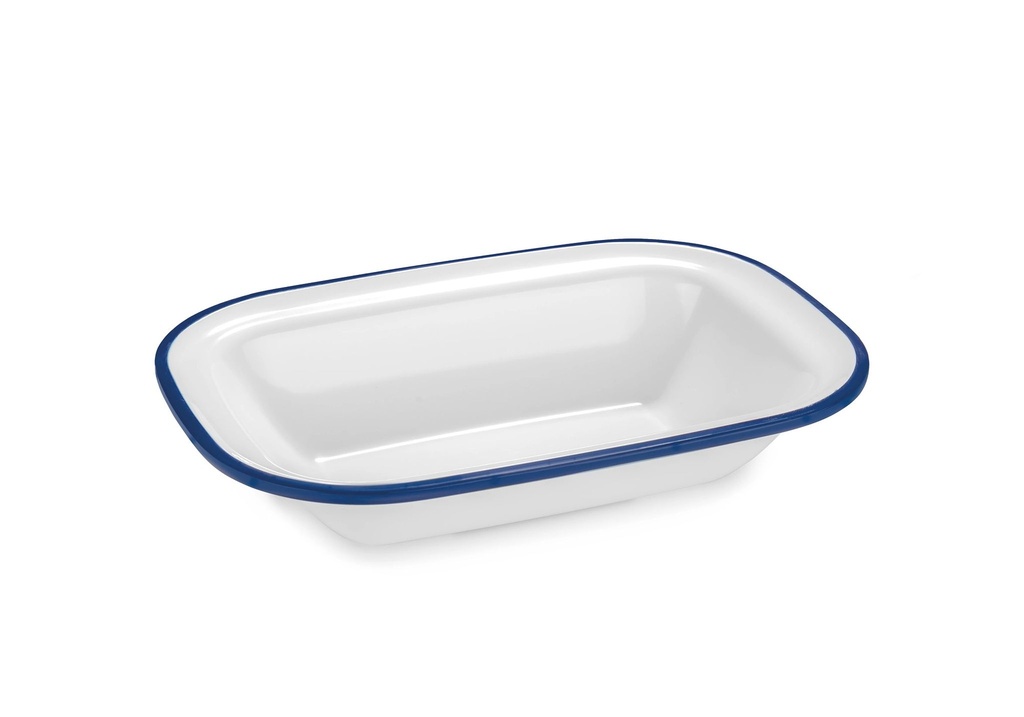 [P22727] Fuente rectangular de 20 centímetros de melamina en blanco con borde azul