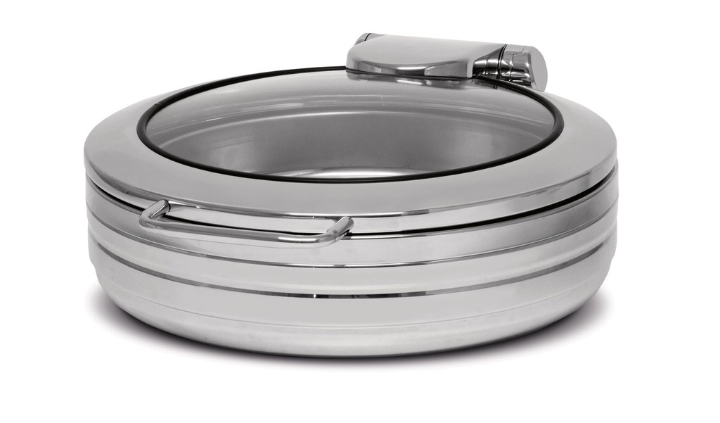 Chafing dish redondo con tapa de cristal apto para inducción.