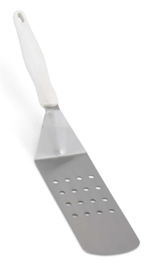 Espátula perforada y reforzada de acero inoxidable y mango Ergo Grip™ de nylon en blanco