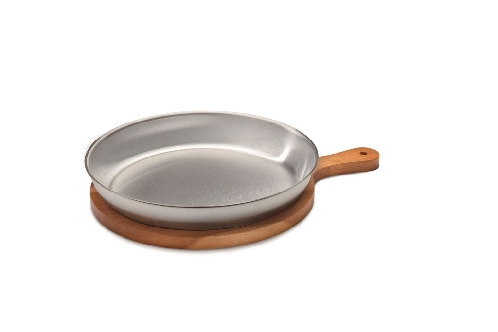 [P29630] Llauna redonda en acero inoxidable de 26 centímetros y bandeja con mango de madera de 26 x 37 cm