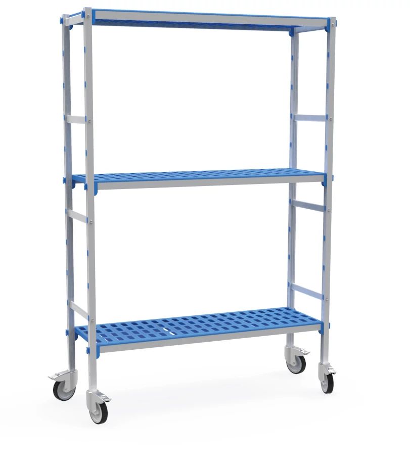 Kit de estanterías modulares de tres niveles con ruedas con estructura de aluminio anodizado con estanterías de polipropileno de 1265 x 385 mm