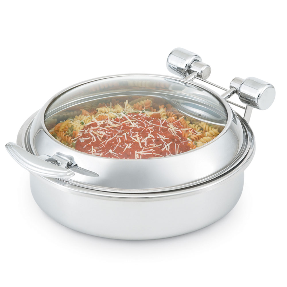 Chafing dish redondo con tapa de cristal apto para inducción.