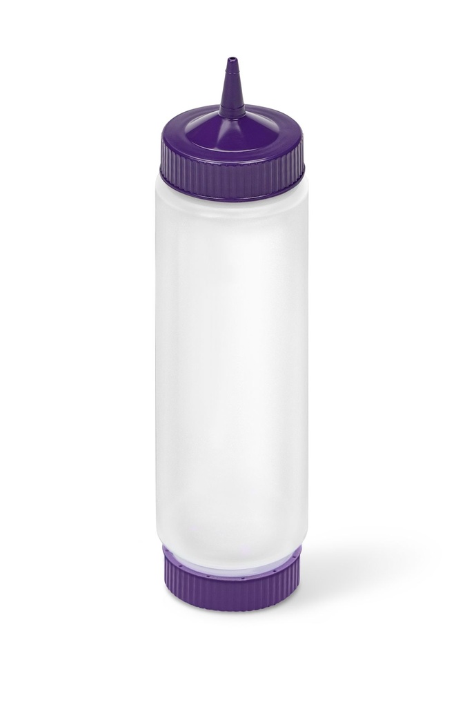 Dispensador transparente con boquilla simple FIFO de 710 ml con tapón y base púrpura