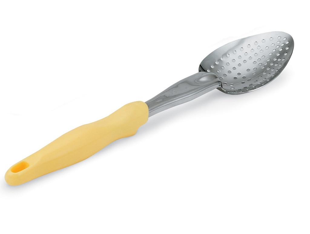 Cuchara perforada de acero inoxidable de 35 cm con mango amarillo Ergo Grip™