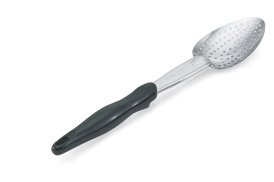 Cuchara perforada de acero inoxidable de 35 cm con mango negro Ergo Grip™
