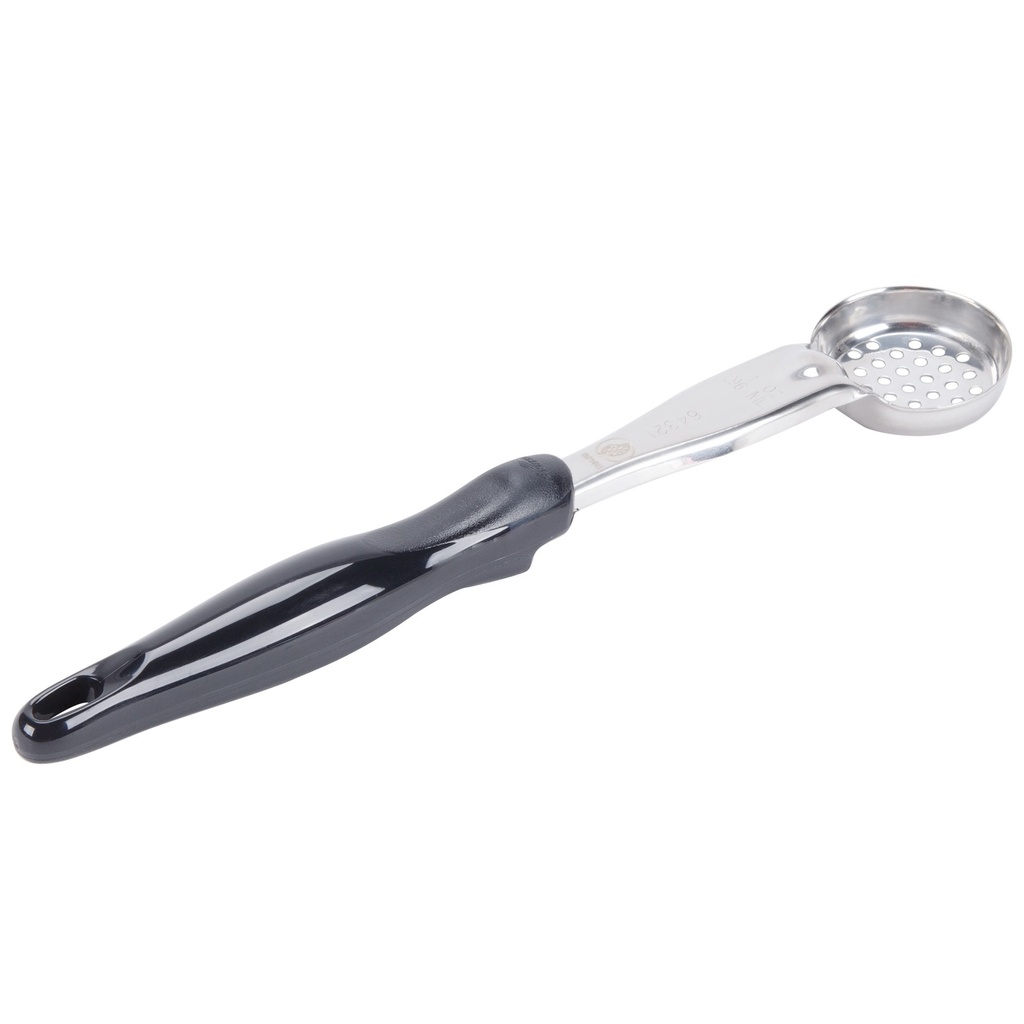 Spoodle® monobloc perforado redondo de acero inoxidable de 30 ml con mango de nylon negro