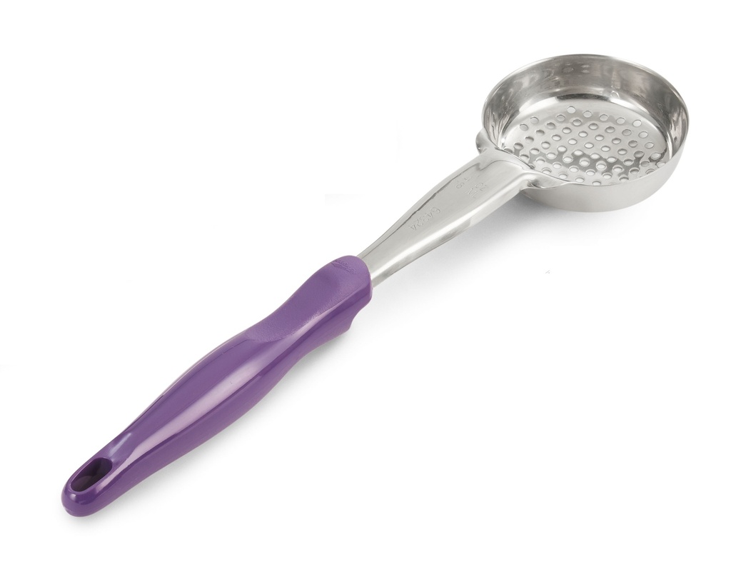 Spoodle® monobloc perforado redondo de acero inoxidable de 118 ml con mango de nylon morado