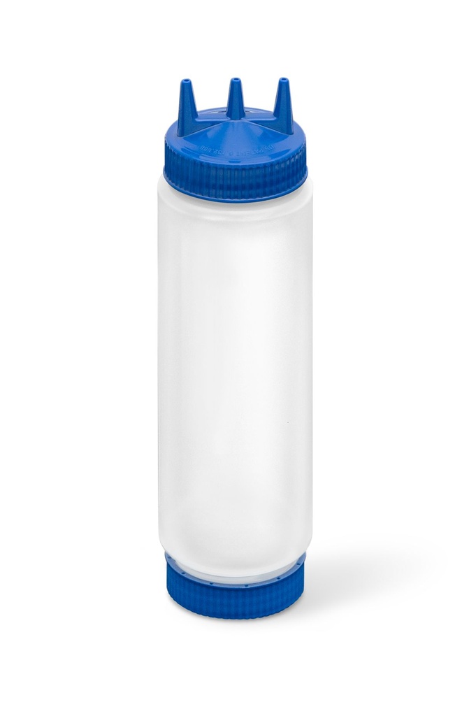 Dispensador transparente con boquilla triple FIFO de 710 ml con tapón y base azul