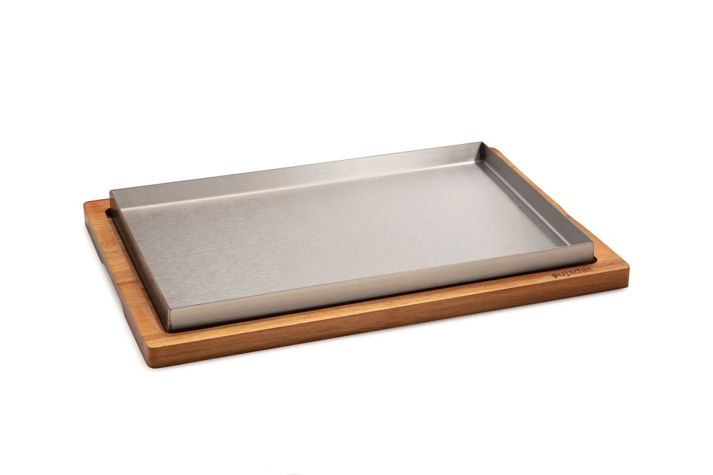 [P29600] Llauna rectangular en acero inoxidable de 29,5 x 19,5 centímetros y bandeja con mango de madera de 33 x 23 cm