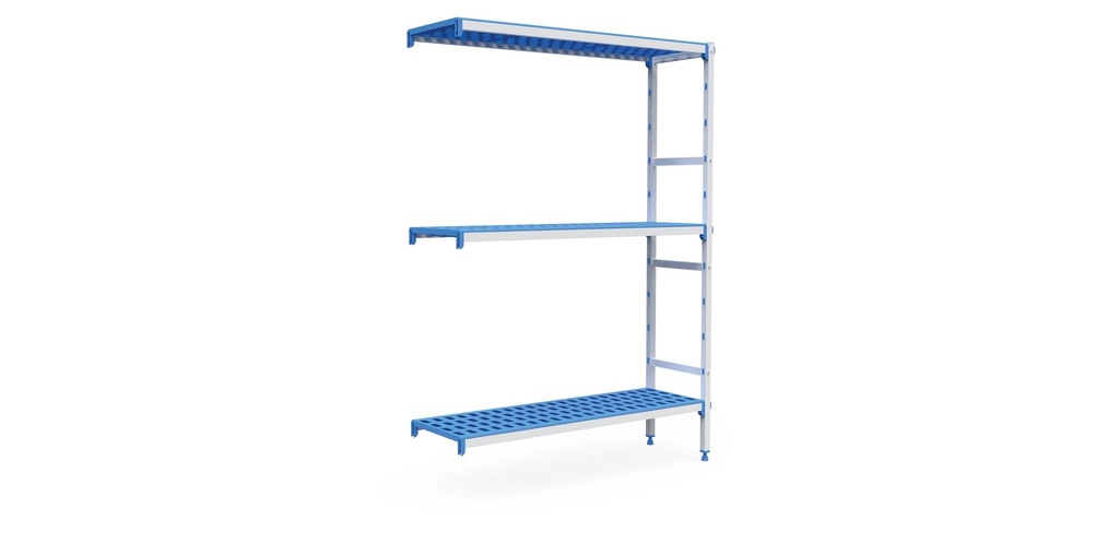 Kit de estanterías modulares de tres niveles con estructura de aluminio anodizado con estanterías de polipropileno de 3811 x 385 mm