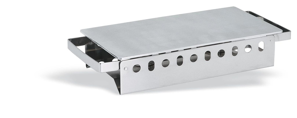 Calentador de platos o bandejas de 37x17,5x7 cm. Funciona con dos quemadores y la placa base es de aluminio.