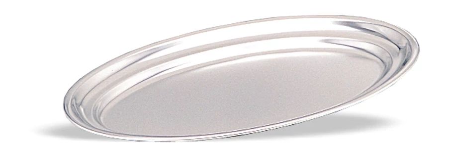 Bandeja de servicio ovalada de acero inoxidable de 30 x 20,2 cm con borde laminado en acabado satinado