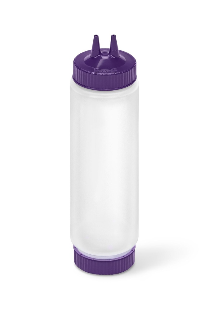 Dispensador transparente con boquilla doble FIFO de 710 ml con tapón y base púrpura