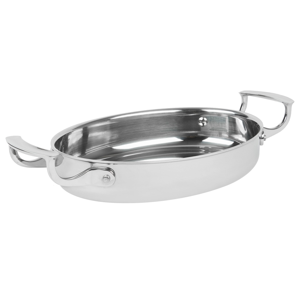 10-pulgadas Miramar® pantalla utensilios de cocina oval 18-8 grado de acero inoxidable au gratín sartén en acabado espejo