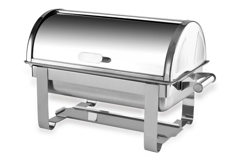 Chafing dish de acero inoxidable con tapa rolltop.