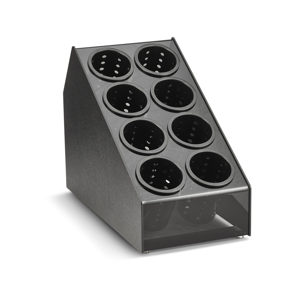Organizador plano de encimera de ocho compartimentos con cilindros perforados extraíbles en negro