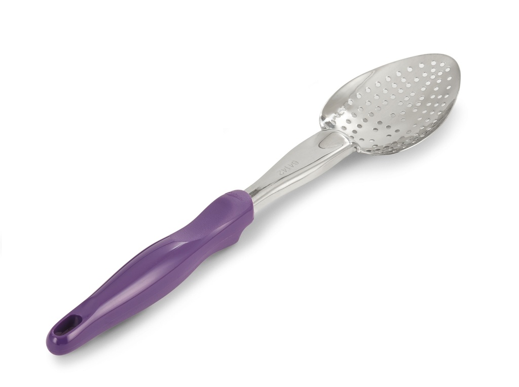 Cuchara perforada de acero inoxidable de 35 cm con mango morado Ergo Grip™