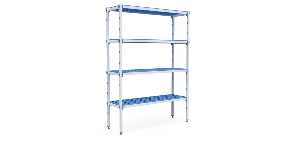 Kit de estanterías modulares de cuatro niveles con estructura de aluminio anodizado con estanterías de polipropileno de 4940 x 385 mm