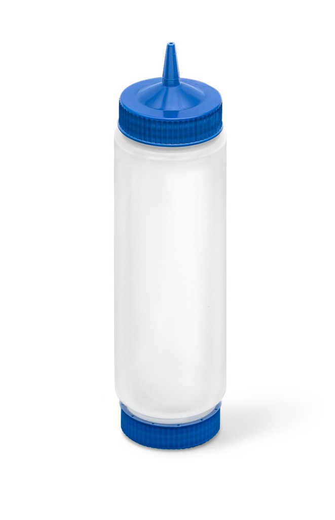 Dispensador transparente con boquilla simple FIFO de 710 ml con tapón y base azul