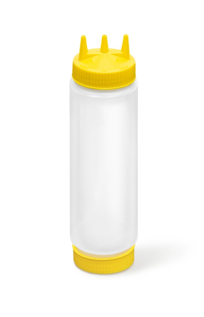Dispensador transparente con boquilla triple FIFO de 710 ml con tapón y base amarilla