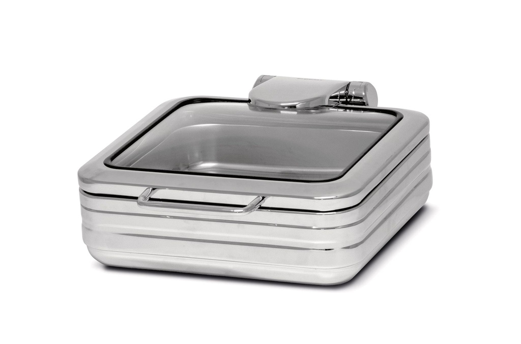 Chafing dish cuadrado con tapa de cristal apto para inducción.
