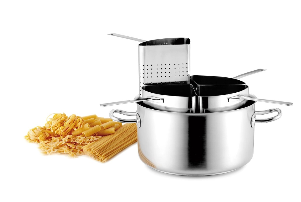 Set de cocina de pasta Inox-Pro con olla de innox Pro de acero inoxidable de 40 centímetros listo para la inducción en acabado satinado y cuatro colandros de pasta