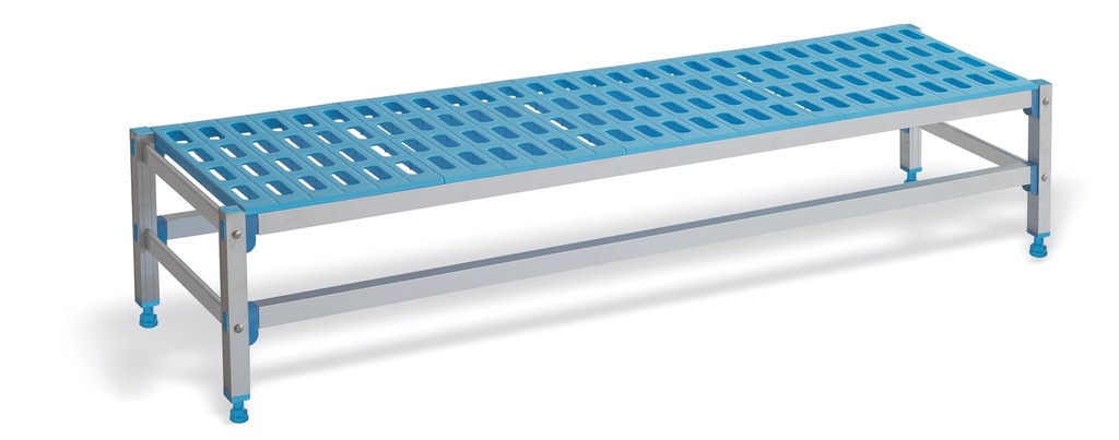 [P7610] Banco de almacenamiento con estructura de aluminio anodizado con estante de polipropileno de 1480 x 555 mm