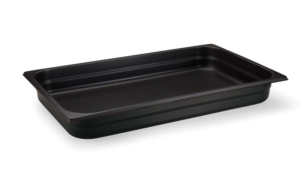 Cacerola de mesa de vapor tamaño 1/1 gastronorm 65 milímetros de profundidad 18/10 grado de acero inoxidable de inducción-listo en negro con recubrimiento antiadherente