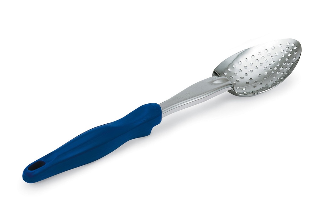 Cuchara perforada de acero inoxidable de 35 cm con mango azul Ergo Grip™