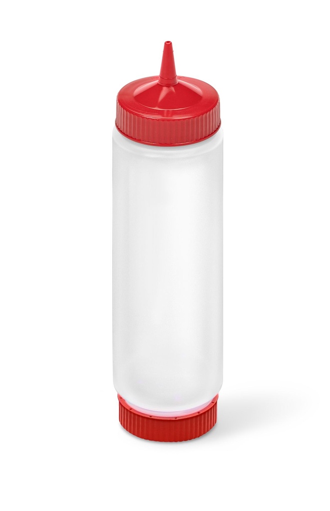 Dispensador transparente con boquilla simple FIFO de 710 ml con tapón y base roja